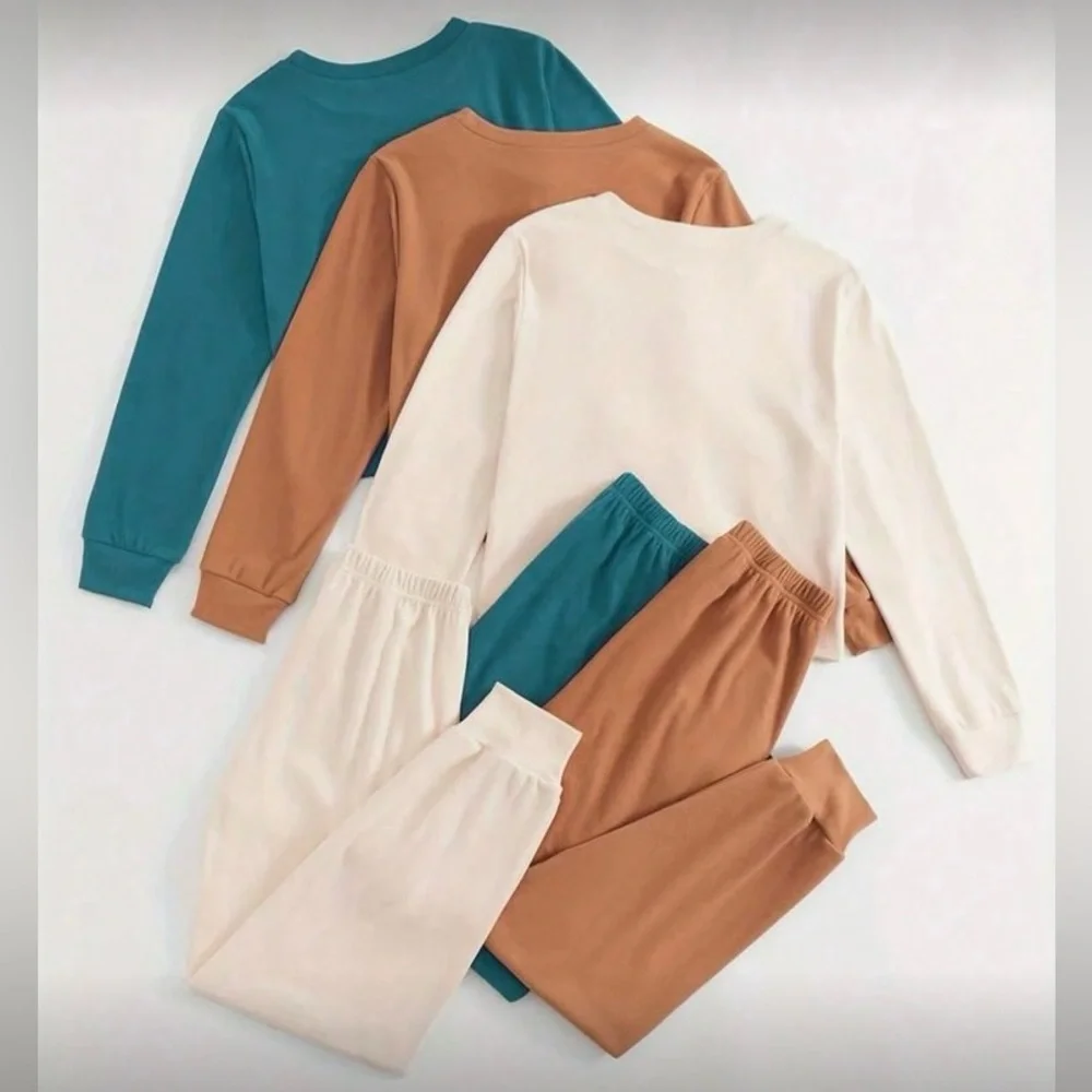 Women’s 2 Piece Loungewear Set Long Sleeve Top & Pants Camel Teal or Cream Fall - Picture 2 of 8